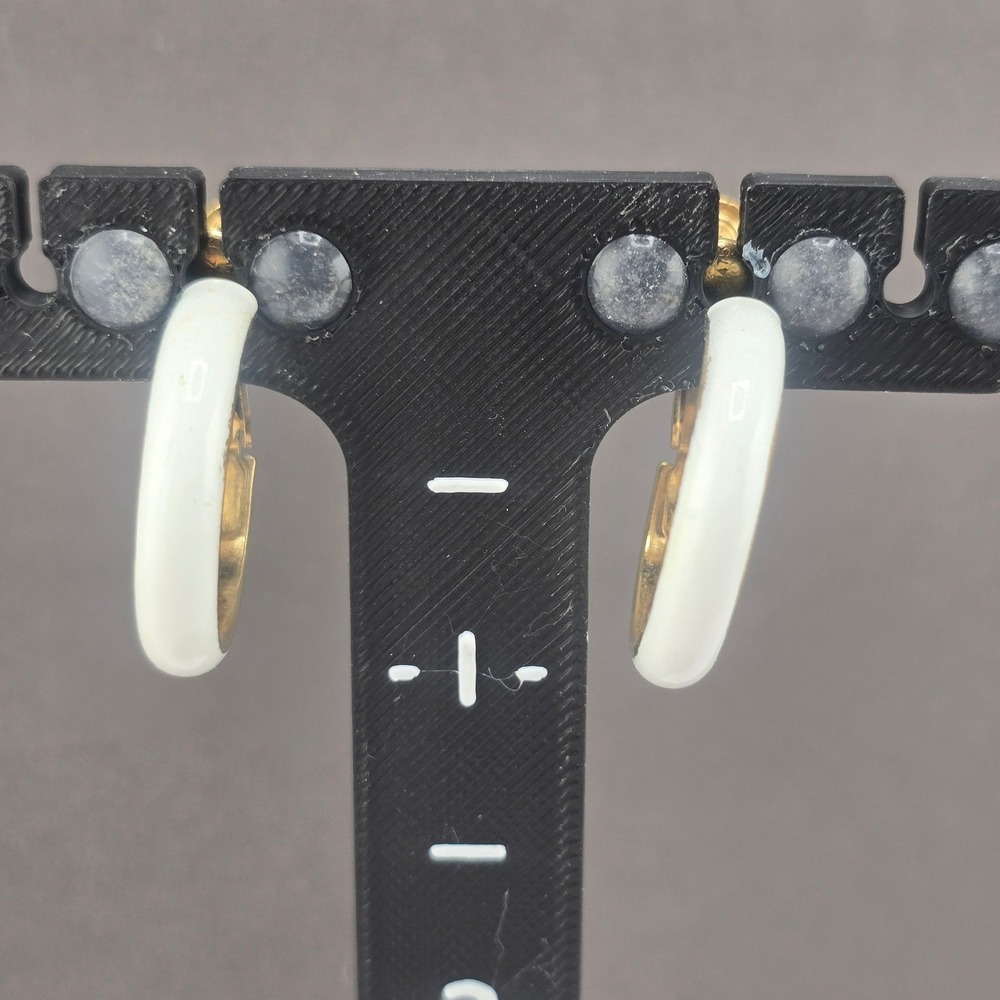 Vintage Vendome Hoop Earrings White Gold Tone Enamel Screw Back